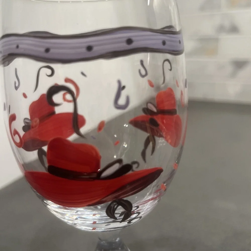 VINTAGE RED HAT LADY WINE GOBLET----HANDPAINTED----